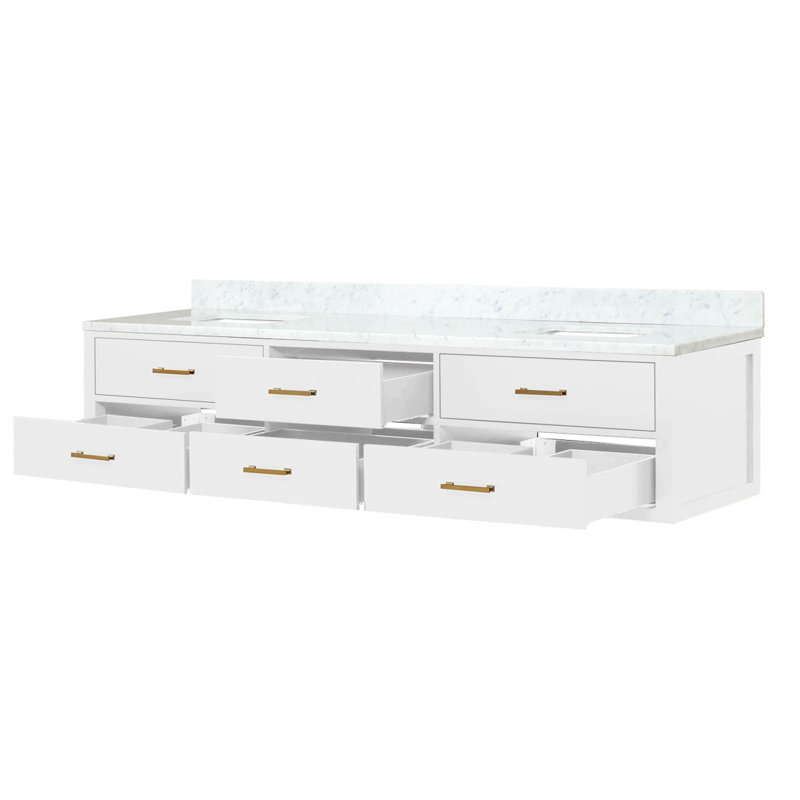 Meuble-lavabo double blanc 84 po X P 22 po D, avec plateau en marbre de Carrare, Blanc