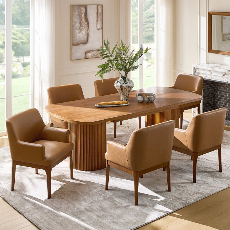 Glenys 24.5"W Mid-Century Modern Leather Dining Chair Set with Solid Wood Legs, 6, Camel