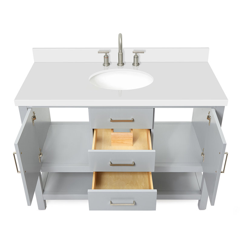 61'' Single Bathroom Vanity with White Quartz Top, Gray, Oval