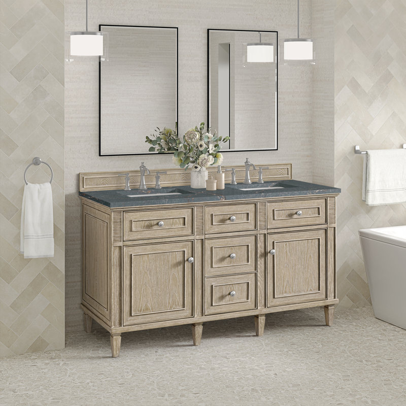 Lorelai 60'' W Double Vanity, Whitewashed Oak, Parisian Blue, 8" Widespread