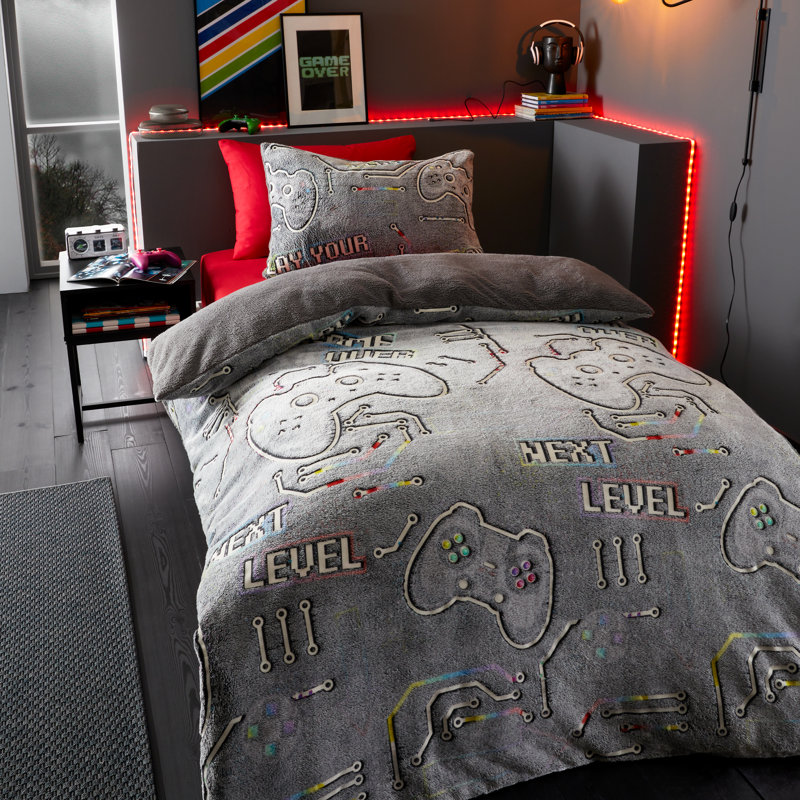 Game Over Glow in the Dark Fleece Duvet Cover Set, Double Duvet Cover + 2 Standard Pillowcases
