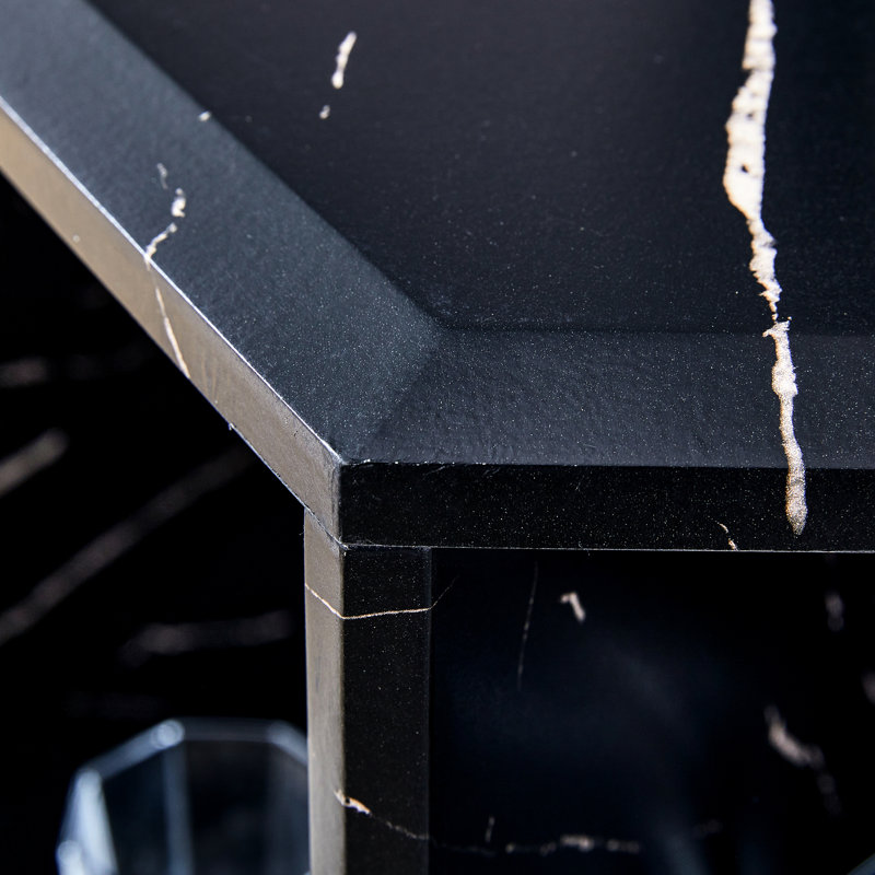 Table basse hexagonale avec aspect marbre noir, rangement multi-trous, design épuré et moderne, options de couleurs disponibles