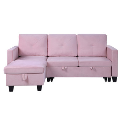 Nova 82.5"W Pink Velvet Reversible Sleeper Sectional Sofa With Storage Chaise