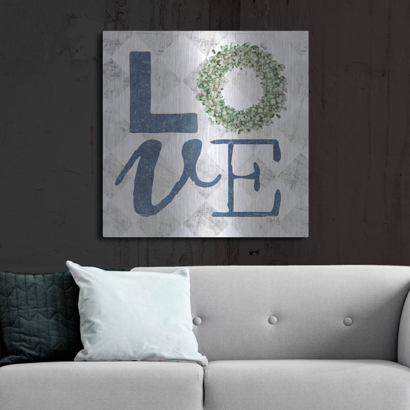 «Love with Eucalyptus Wreath III» par Marla Rae, art mural en métal, H 36 po x l 36 po