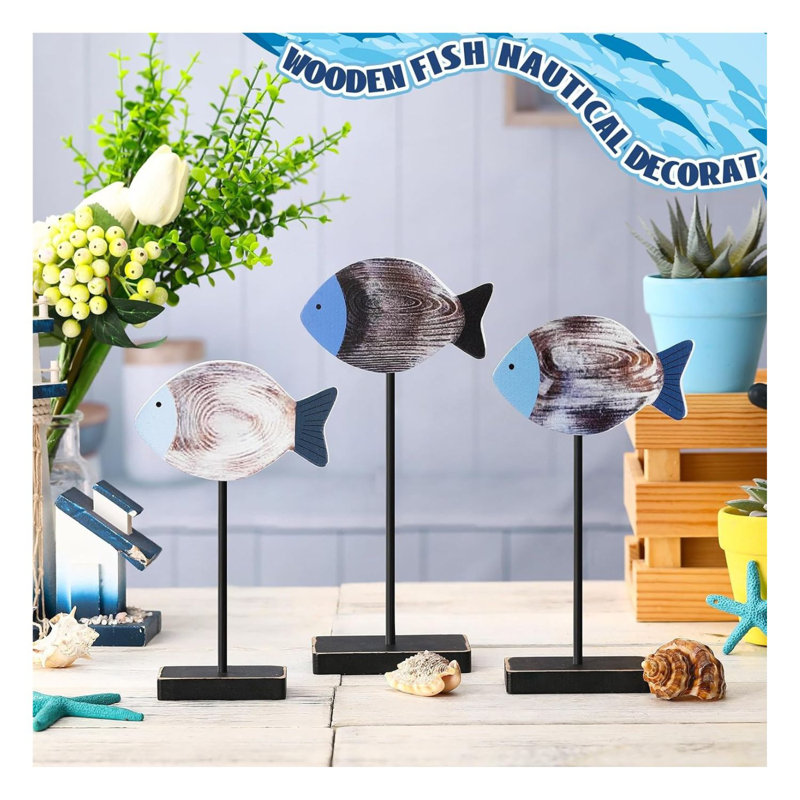 Wooden Fish Decor Set Of 3 Coastal Tabletop Beach House Accents