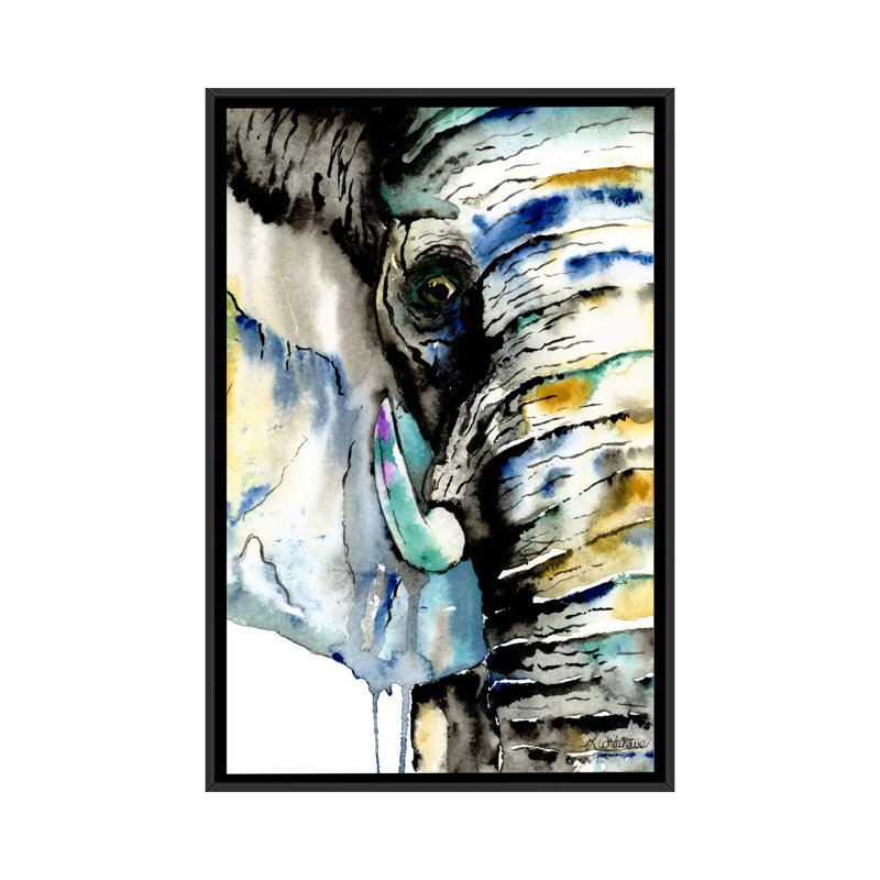 «Elephant» par Lisa Whitehouse, impression sur toile, H 26 po x l 18 po x P 1,5 po, Toile avec cadre noir, Pas de tapis