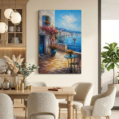 Mediterranean Coastal Terrace Canvas Wall Art Italian Sea Landscape Oil Painting Print