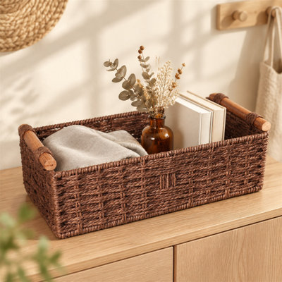 Paper Rope Wicker Storage Basket with Handle, Decorative Toilet Tank Top Organizer Bin, Brown Small Basket for Bathroom Countertop Home Decor