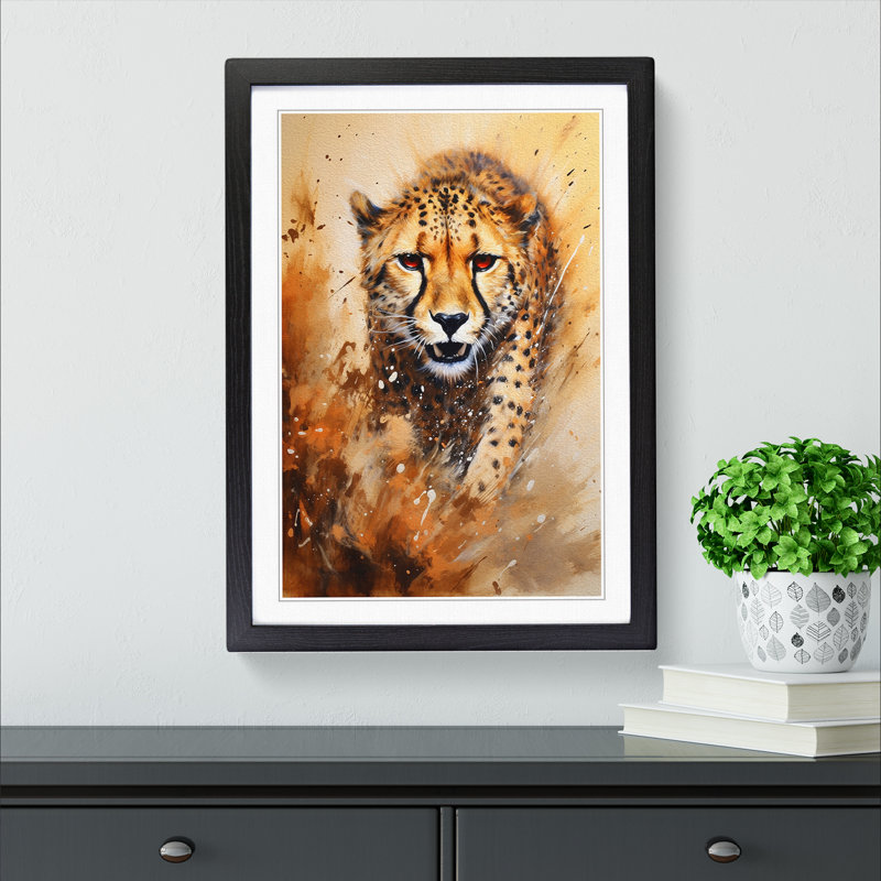 Cheetah Action No.2 - Single Picture Frame Print on Wood, 64cm H x 46cm W x 2cm D, Black Framed