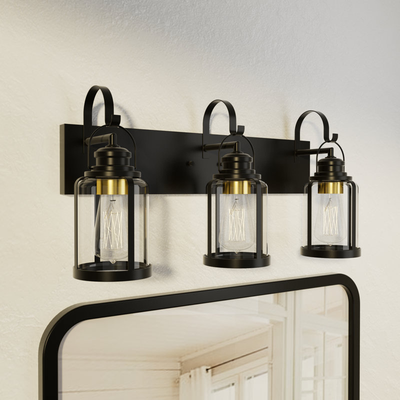 Luminaire de salle de bain 3 lumières à intensité variable classique noir mat avec abat-jour en verre transparent Elanah