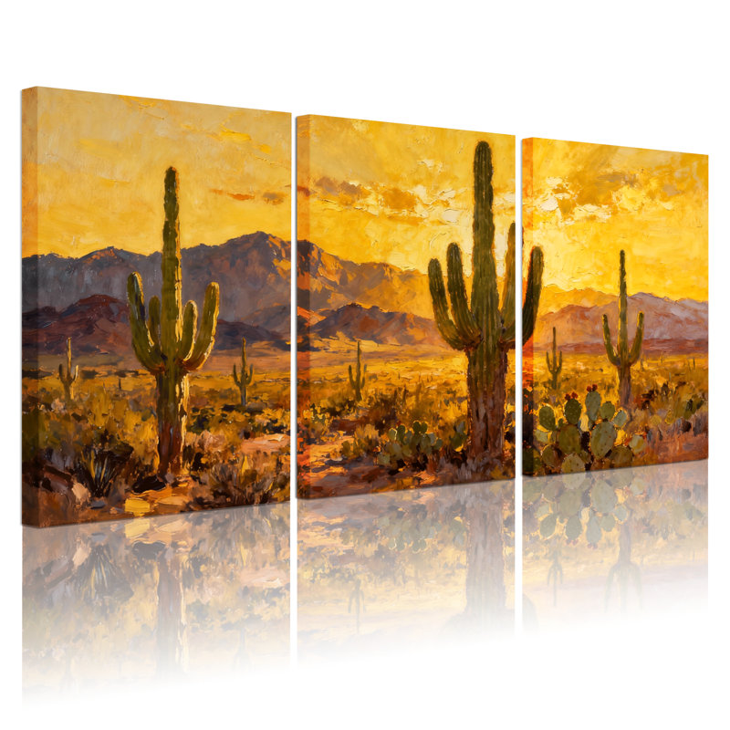 Cactus, paysage désertique avec cactus et montagnes, ensemble de 3 impressions sur toile, H 24 po x l 48 po