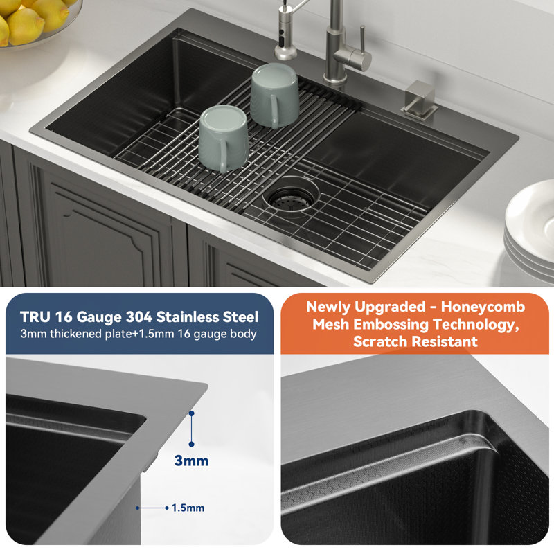 Évier de cuisine encastrable à cuve simple en acier inoxydable 33 po L x 22 po