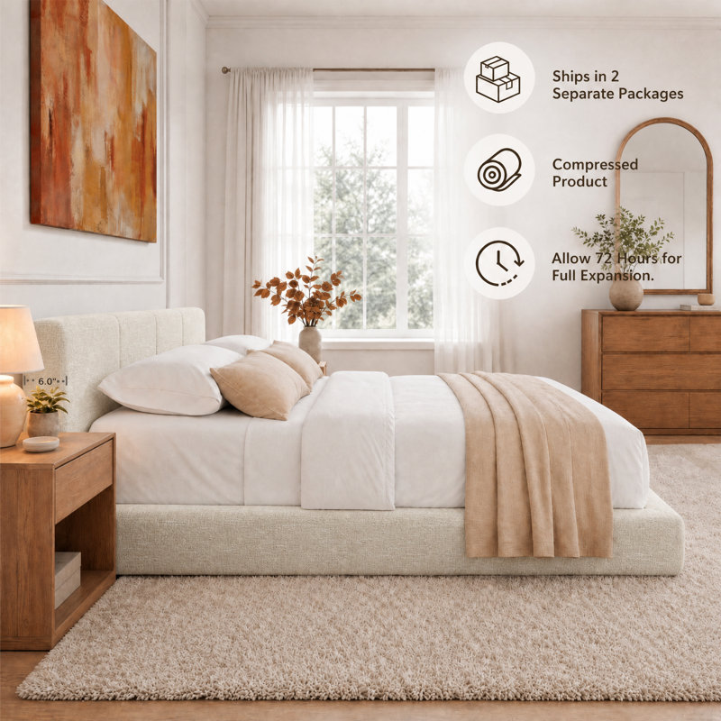 Luxurious Cloud Soft Compressed Upholstered Platform Bed, Queen, Cream Oatmeal