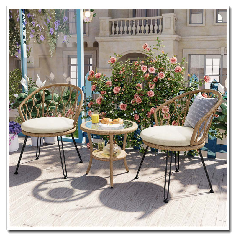 Ensemble de loisirs d'extérieur, 2 chaises simples en rotin avec table ronde en verre, Coussin beige / structure naturelle