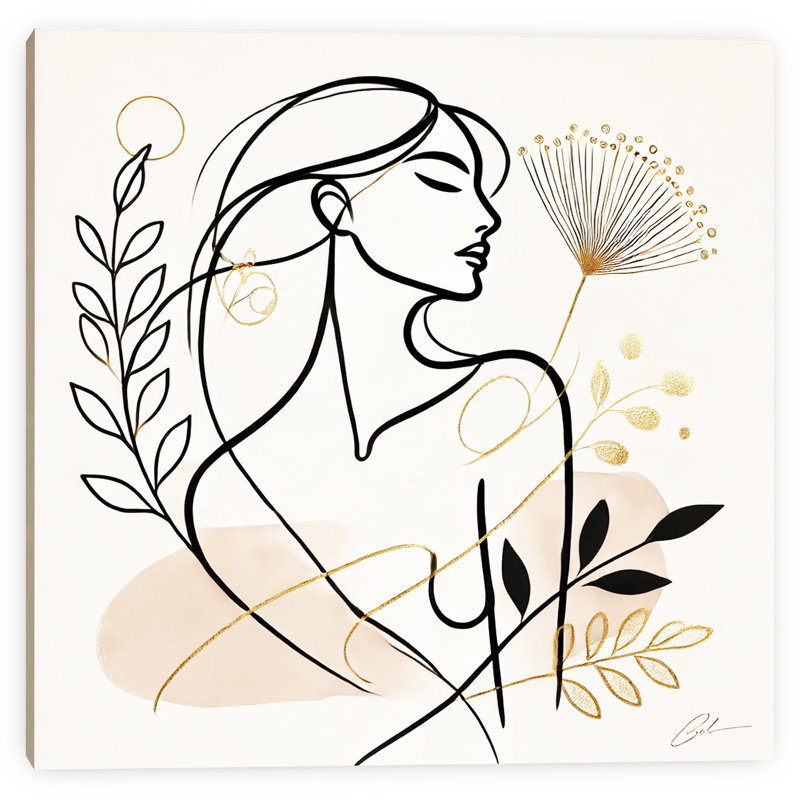 «Ethereal Bloom - Modern Line Art with Gold Accents», reproduction d'art sur toile tendue, H 40 po x l 40 po
