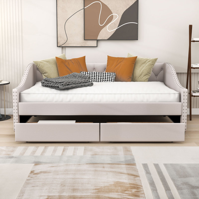 Full Size Upholstered Daybed with Two Drawers, Beige