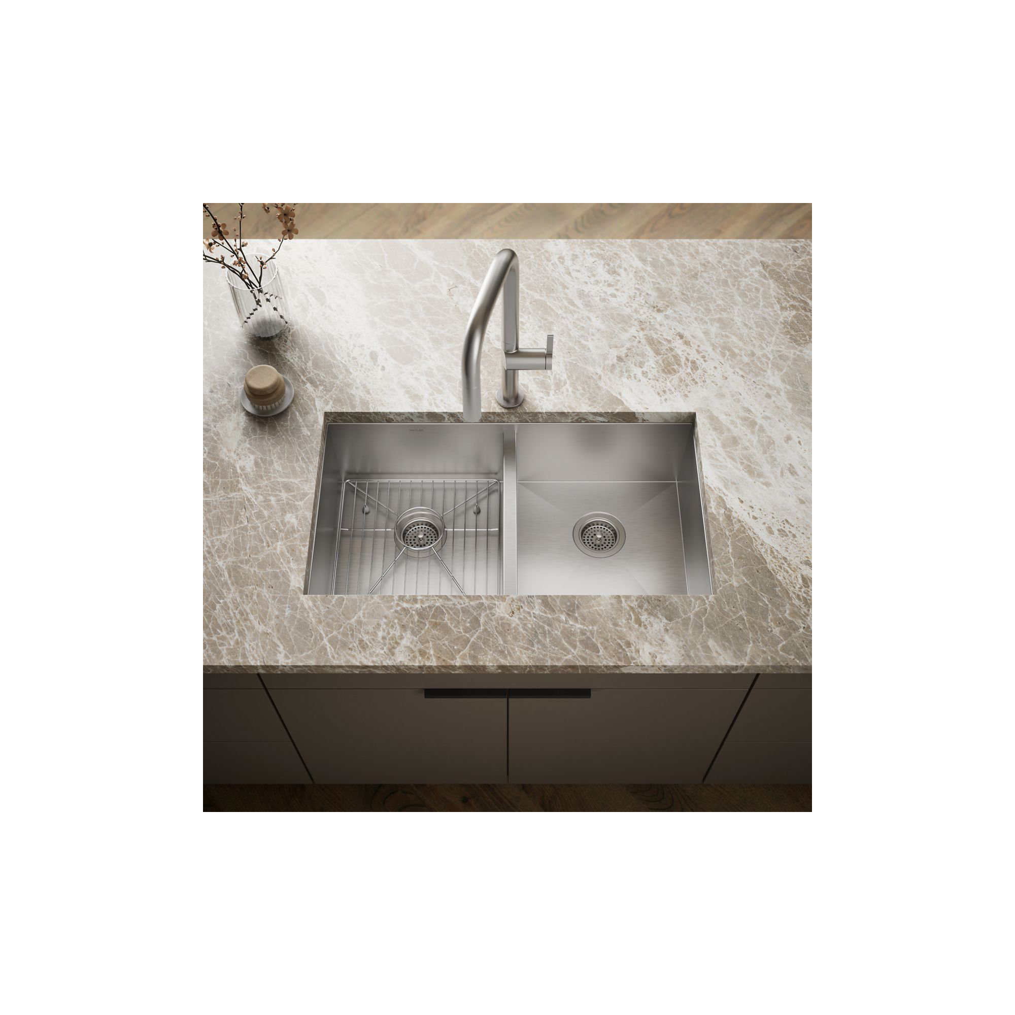 Vault Double Bowl Kitchen Sink with Single Faucet Hole, 1 Hole