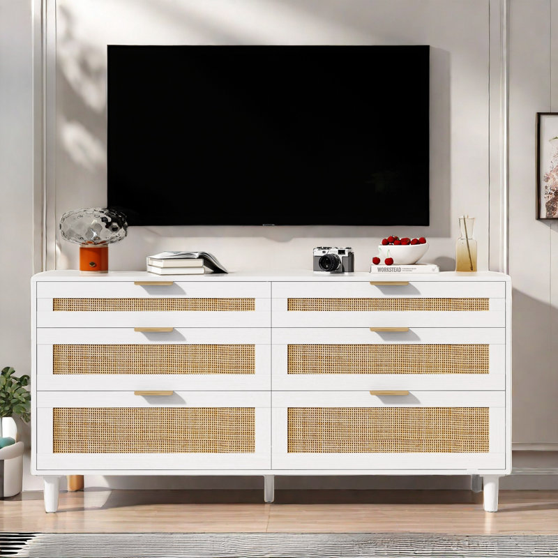 Rattan Dresser With Drawers, 6 Drawer Dresser For Bedroom, Clothes Storage Cabinet For Bedroom, Metal Handle&Wood Legs For Hallway, Living Room, Bedroom
