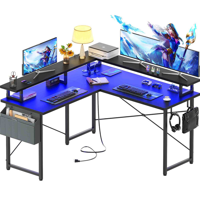 Black L-Shaped Gaming Desk with Power Outlets and Storage