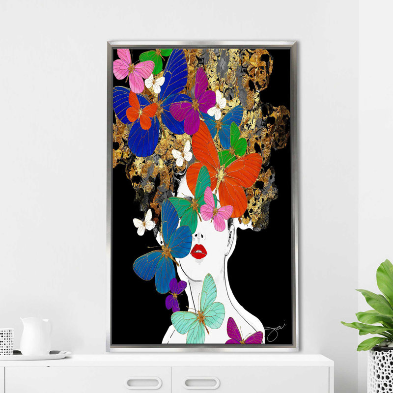 «Butterfly Girl (Vertical)» par Jodi - impression, Cadre flottant argent, H 51,5 po x l 31,5 po x P 2 po