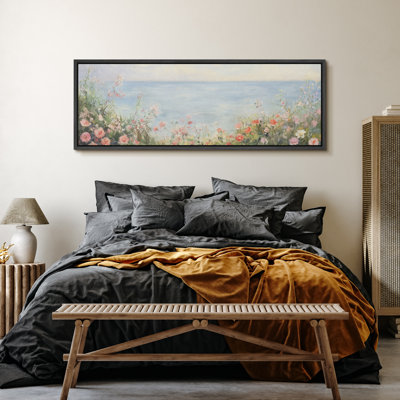 Coastal Wildflowers and Ocean View Large Framed Canvas Print Wall Art for Cottagecore Decor