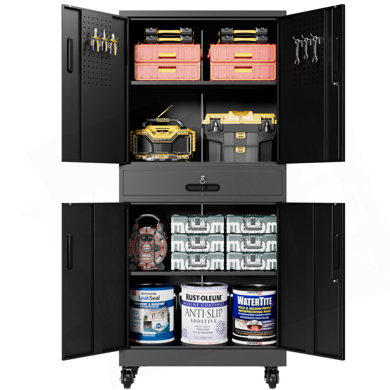 Heavy Duty Metal Storage Cabinet with Drawer, Adjustable Shelves, Pegboard, and Rolling Wheels for Organized Garage or Office