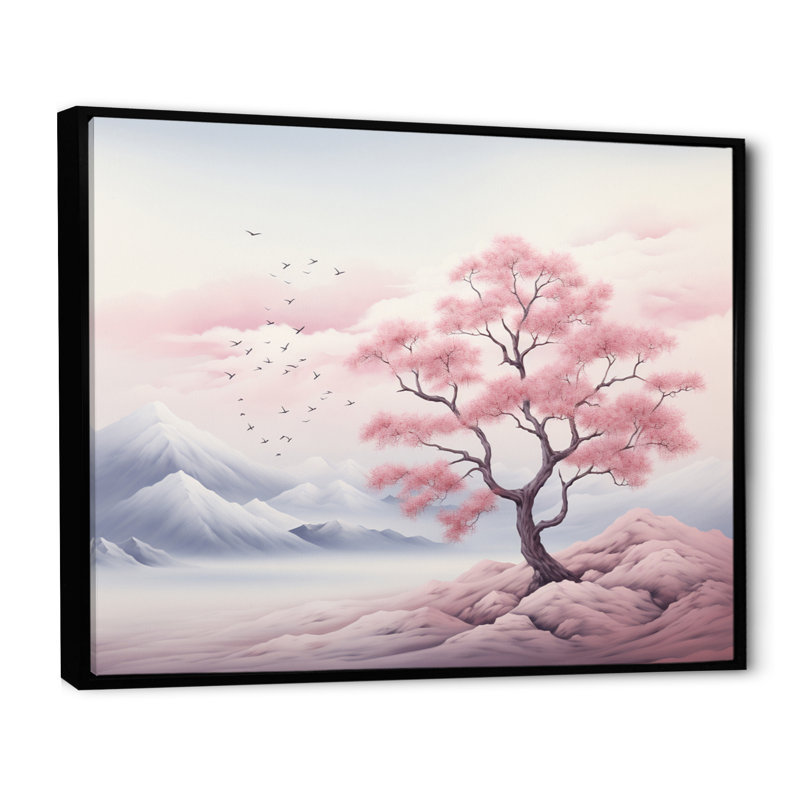 Minimalisme, arbre rose solitude I, H 34 po x l 44 po x P 1,5 po, Cadre flottant noir