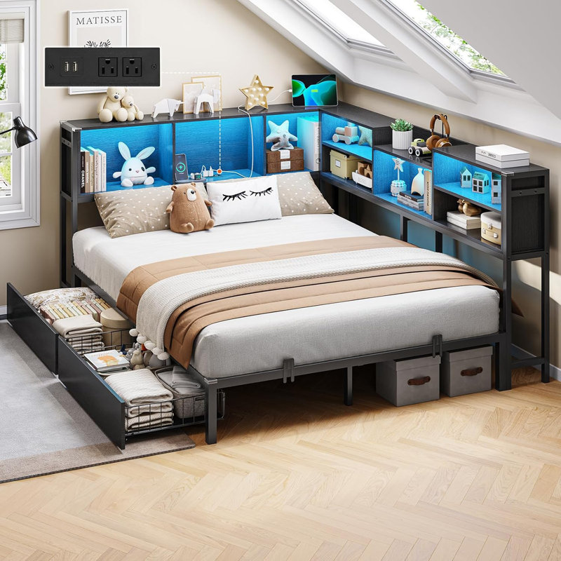Daybed With 2 Underneath Storage Drawers And Charging Station, L-shape Corner Bed Frame With Storage Bookcase And Led Lights For Living Room, Bedroom & Guest Room
