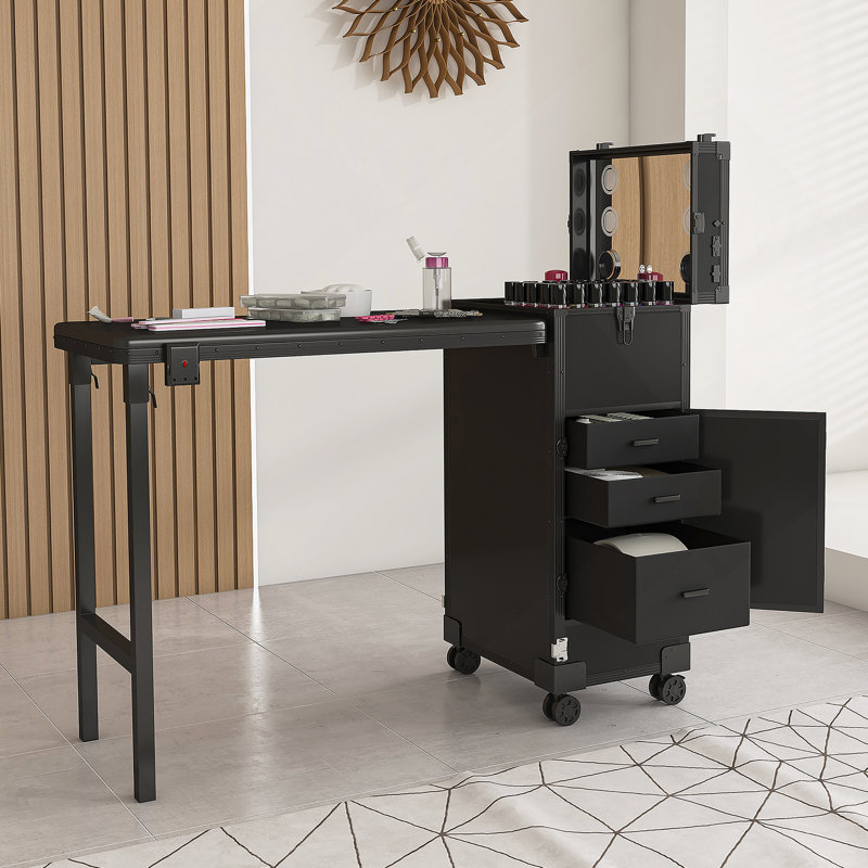 Table portable Nail Art avec miroir DEL, Bluetooth, tiroirs verrouillables, poteau télescopique - Station de manucure pliante pour salons (noir)