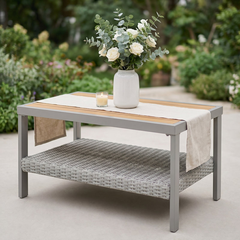 Coffee Table - Outdoor Coffee Table With Storage, Steel Frame Patio Side Table, Boho Modern Design For Garden, Backyard, Balcony, Bone Color