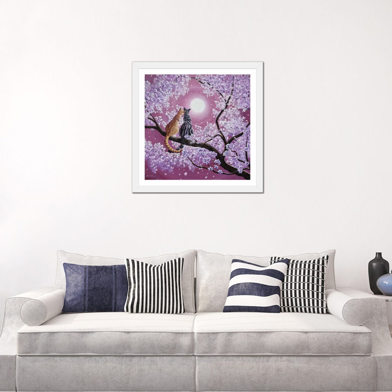 «Orange and Grey Tabby Cats in Cherry Blossoms» par Laura Iverson - reproduction d'art, H 24 po x l 24 po x P 1 po, Blanc