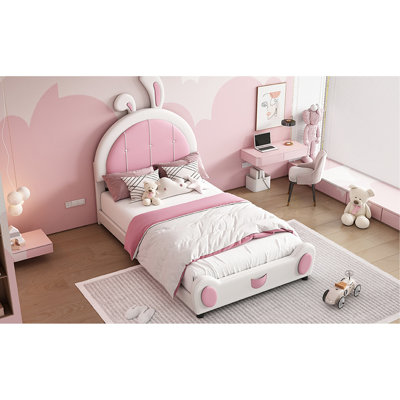 Twin Platform Bed With Cute Rabbit Headboard - Colorful Upholstery White And Pink Rabbit-shaped Choices &