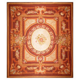 1850s Antique Ivory Neoclassical Floral Aubusson Flatwoven Wool Square Tapestry