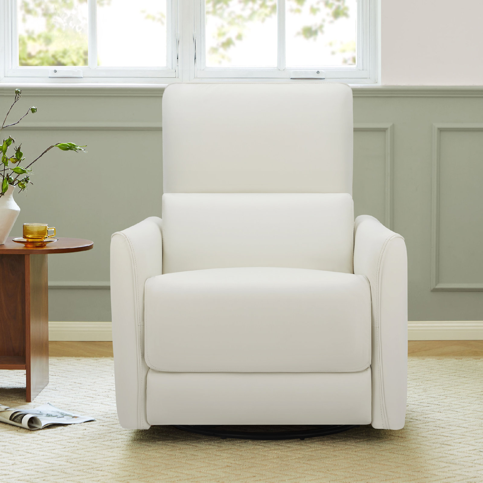 Santo 33" Genuine Leather Swivel Power Recliner, Impression White Top Grain Leather