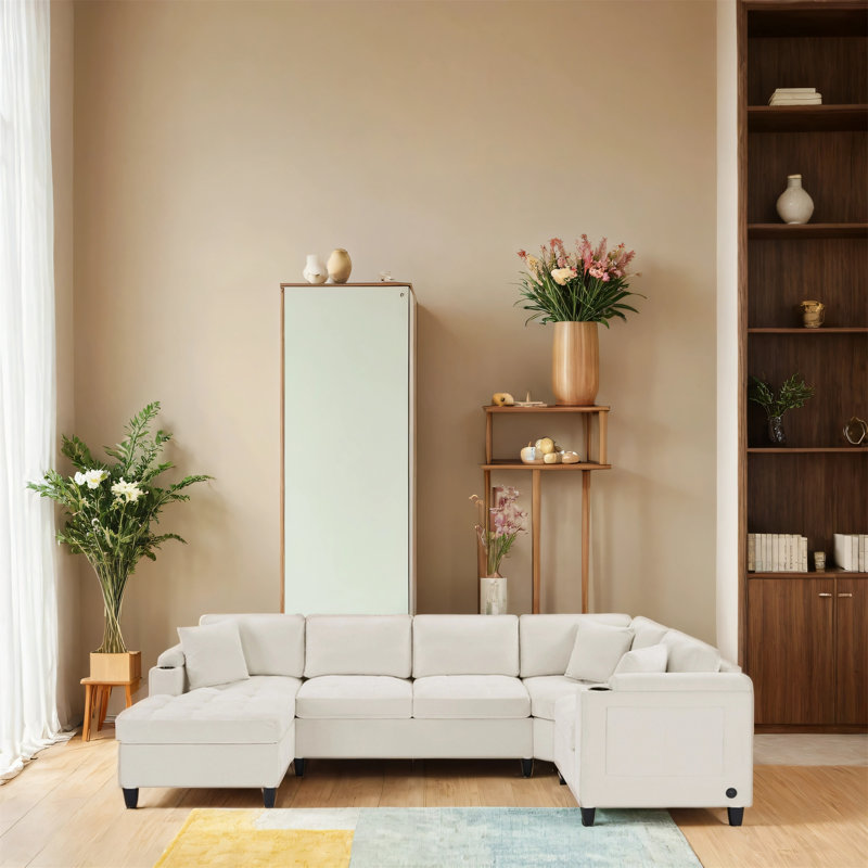 Canapé modulaire moderne en forme de U avec porte-gobelets, compartiments de rangement et ports USB intégrés, Blanc