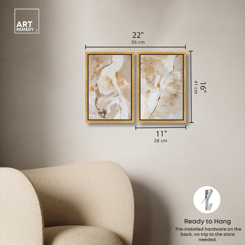 Ensemble de 2 reproductions sur toile Luxe , H 16 po x l 11 po, Impression dans un cadre flottant sans passe-parto, Doré