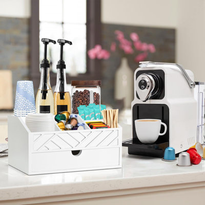 Organisateur de café avec tiroir, organisateur de station de café pour comptoir, organisateur d'accessoires de café en bois pour décor de café, blanc