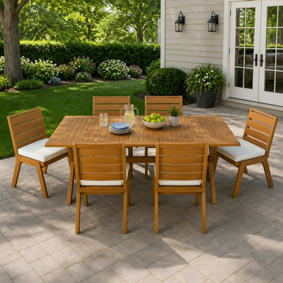 Ensemble 7 pièces de salle à manger d'extérieur en bois d'acacia, 6 grandes tables et 1 grande table, ensemble de mobilier de salle à manger pour pelouse, cour, terrasse de jardin, bord de piscine, teck