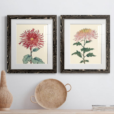 «Chrysanthemum Woodblock I», ensemble de 2 reproductions d'art sur papier encadrées
