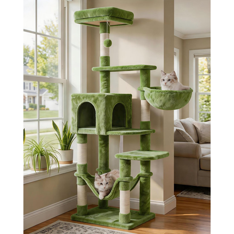 Arbre à chat, poteaux à griffes recouverts de sisal à plusieurs niveaux, tour avec condo, grand hamac, perchoir supérieur, vert