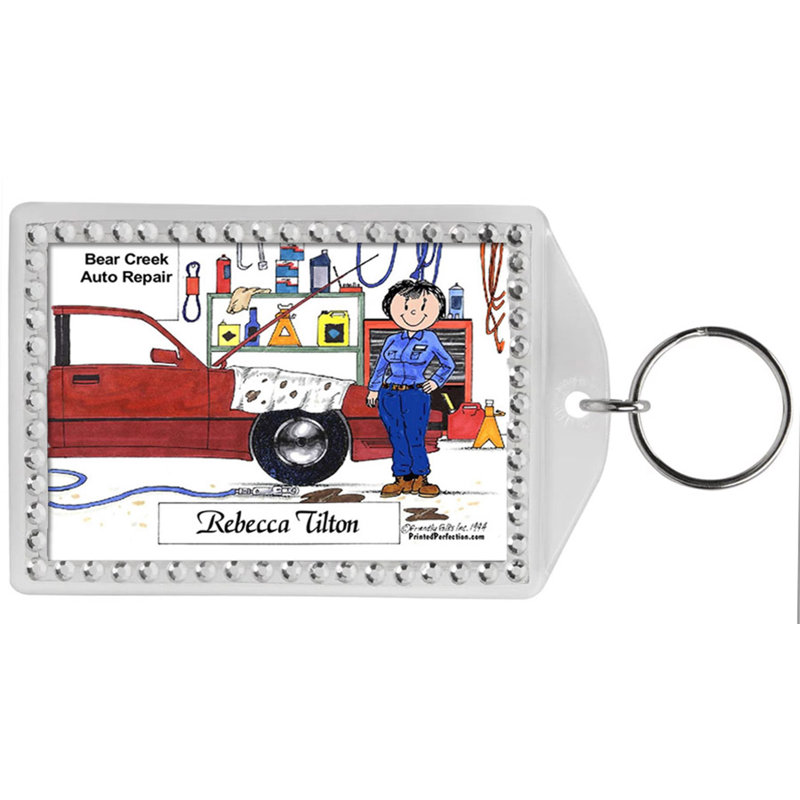 Personalized Friendly Folks Auto Mechanic - Female Rhinestone Bordered Key Chain, Yes