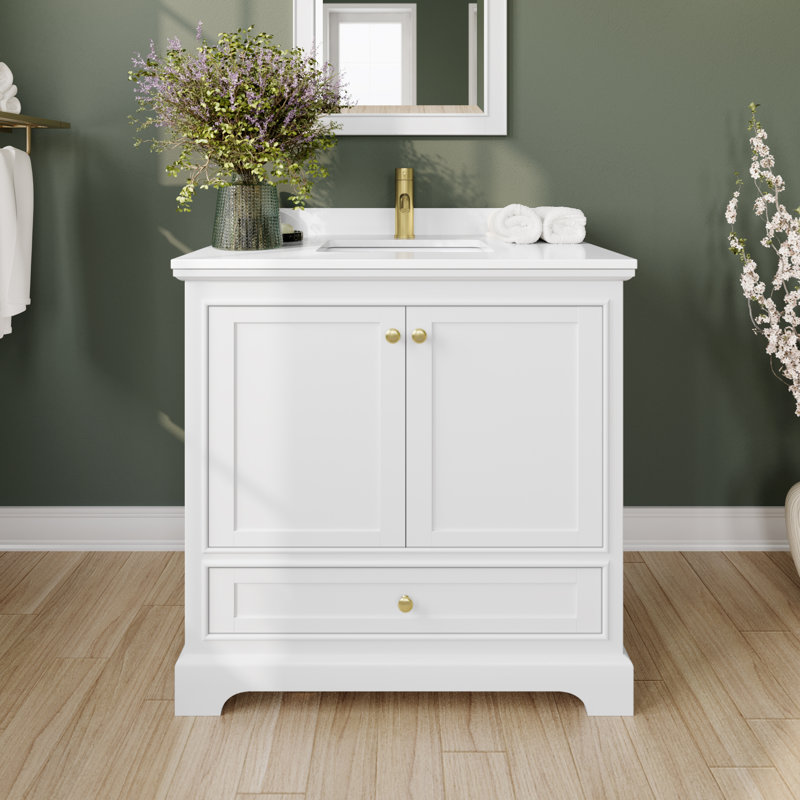 Deborah 36'' Single Bathroom Vanity with Marble Top, White Cultured Marble, White, Brushed Gold