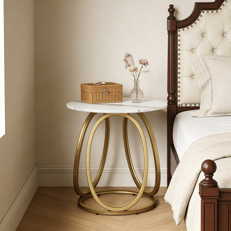 Table de bout ronde avec plateau en marbre et cadre doré, table d'appoint moderne pour le salon, la table de chevet ou le bureau à domicile, base en métal durable