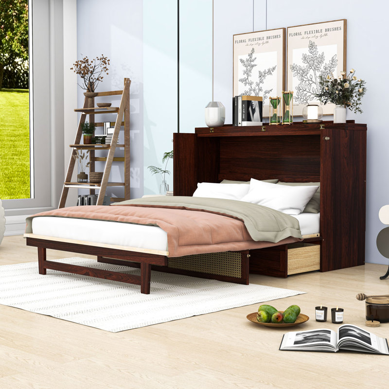 Grand lit escamotable avec tiroir de rangement, Noyer
