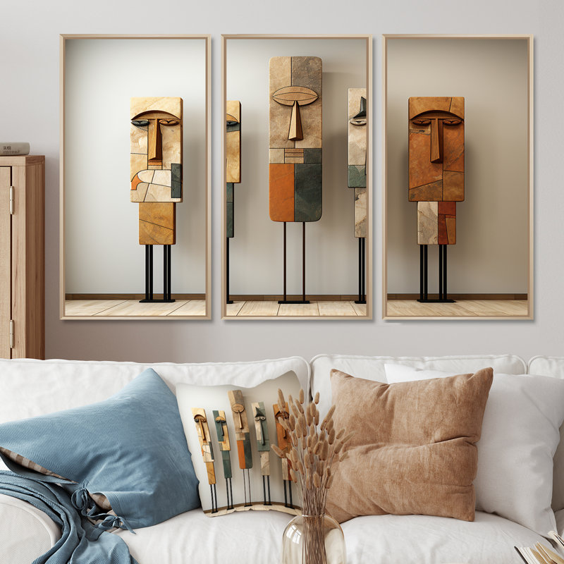 Ensemble d'œuvres d'art sur toile «African Traditional Spirit Totems», H 32 po x l 48 po, Cadre flottant érable