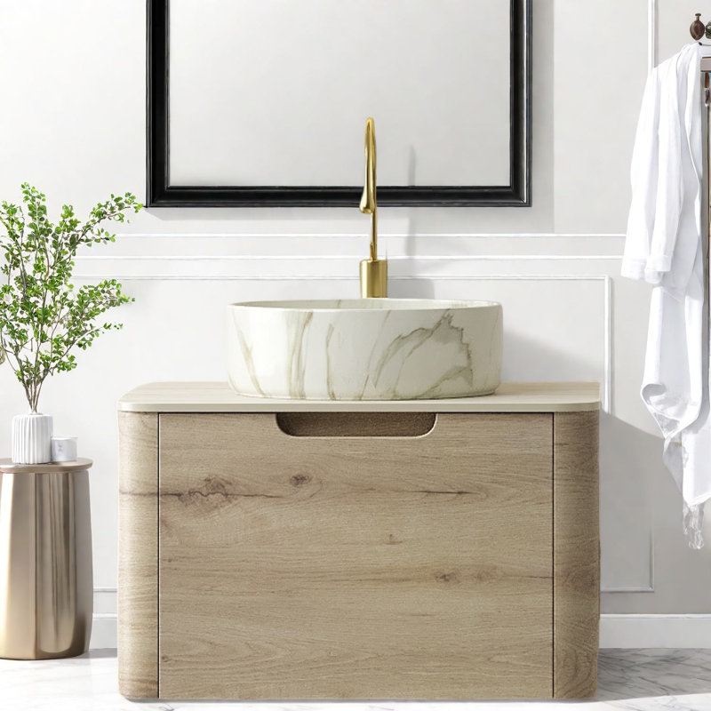 Meuble-lavabo moderne avec lavabo, contreplaqué durable, finition chêne blanc, parfait pour la salle de bain