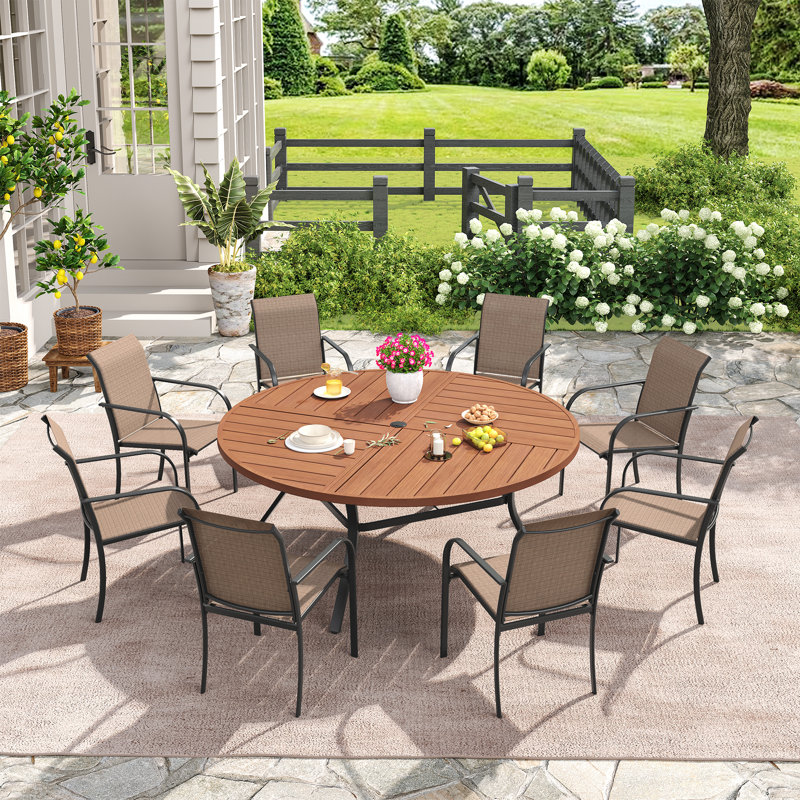 Bustamante Outdoor Round Patio Dining Set with Stackable Textilene Chairs, Brush Wood Brown/Brown
