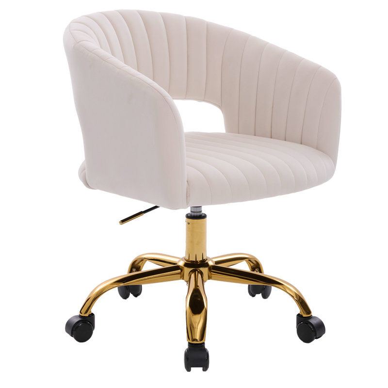 Chaise de bureau en velours avec roulettes, fauteuil de bureau pivotant avec base dorée, Beige