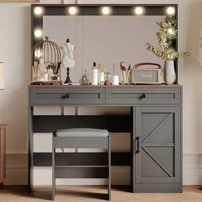 43.4" Modern Makeup Vanity Table With Padded Stool, Dressing Table With Large Mirror And Adjustable LED Light, Glass Top Vanity Desk With 2 Drawers And Cabinet For Bedroom, Locker Room