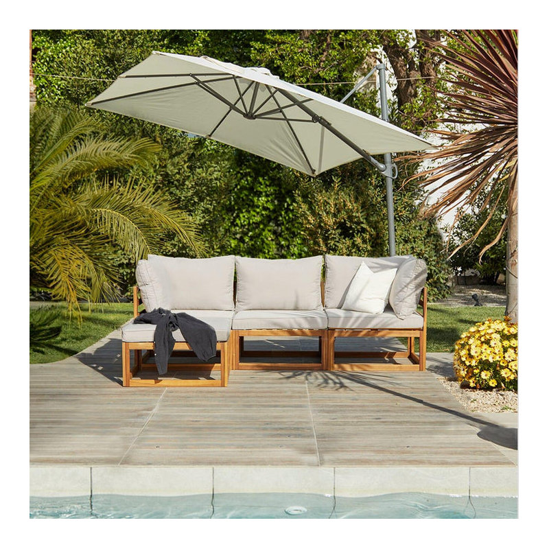 Rimasha 3 Seater Wooden Garden Sofa Set with Footstool, 1 Sofa, 1 Ottoman, 1 Umbrella and 9 Cushions, Cream, Beige